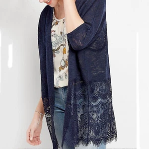 Maurices Open Front Lace Block Cardigan Size M Navy Blue Cotton Blend Semi Sheer - Picture 1 of 7