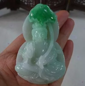 Ciondolo Kwan-yin grande loto grande intagliato a mano giada giadeite verde fine naturale A - Foto 1 di 8