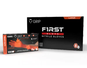 First Glove Grip Orange Nitrile Disposable Gloves 8 Mil Raised Diamond Texture - Picture 1 of 8