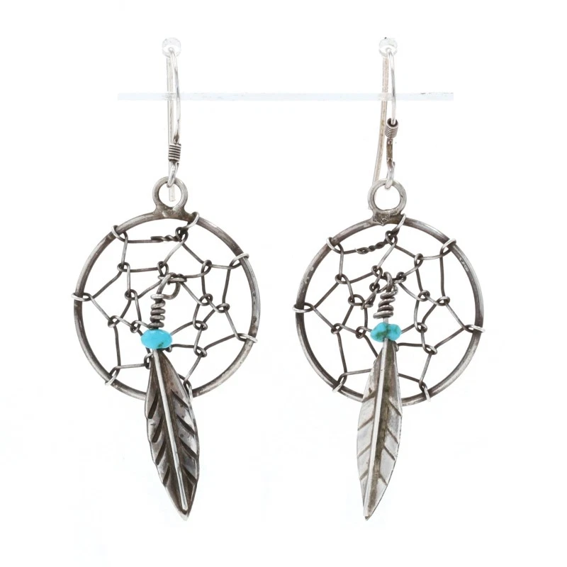 Brincos pendurados nativos americanos turquesa esterlina apanhador de sonhos - 925 penas - Imagem 1 de 4