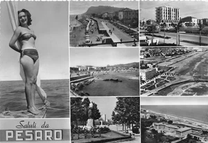 33-32B) CARTOLINA SALUTI PESARO VEDUTE PIN UP VIAGGIATA - Bild 1 von 2