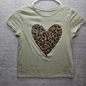 Old Navy Girl Sz L (10/12) Heart Cheetah Print T Shirt Green  - Picture 1 of 8