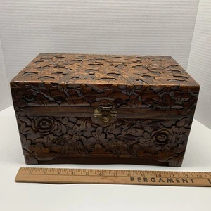 Vtg Carved Jewelry Box Birds Flowers Laquered Hong Kong 12x7x7 JK137 - Picture 1 of 9