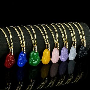 Gold PT Iced Jade Green Blue Black Red White Buddha 3mm 24" Cuban Necklace Chain