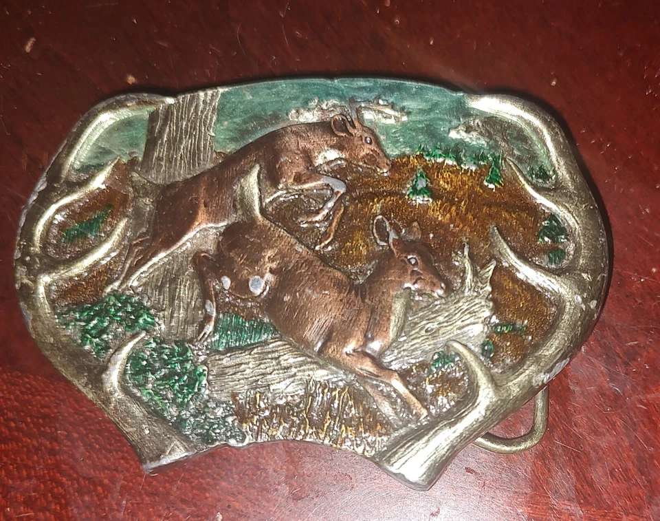 Belt Buckle - Leaping Deer in Forest Antler Framed - Bergamot Brass Works - USA - Imagem 1 de 2