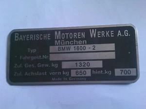 BMW Nameplate 1600-2 114 E6 E10 Plate 02 Classic Car s101 - Picture 1 of 1