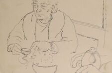Vintage Bleistiftzeichnung Mann mit Getränk sitzt an einem Tisch mit...