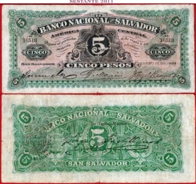 EL SALVADOR 5 PESOS 16 1 1908 P S162b F/VF envío gratis desde 100$ Foto 1 de 4