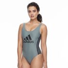 NWT! Size: L Adidas Core Solid Logo Stripe One Piece Swimsuit in Grey/Black