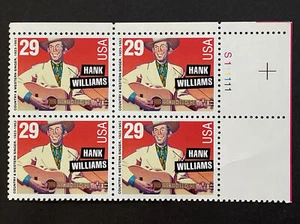 Scott # 2723 29-cent Hank Williams Stamp, MNH Plate Block 4 - Picture 1 of 1