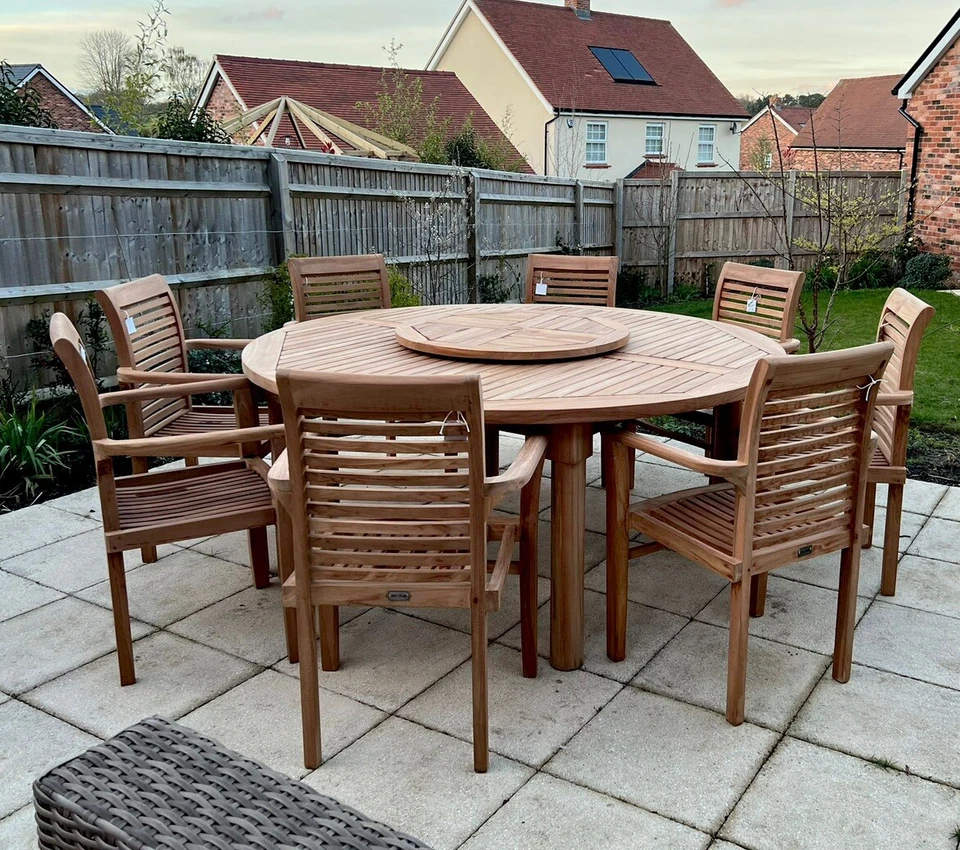 T.O.P. round 6ft 8 seater teak garden table set with lazie suzie and stacking chairs
