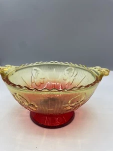 Vintage 6.5” Jeanette Amberina Pressed Red Yellow Floral Glass Bowl With Handles - Picture 1 of 3