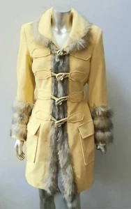 Newport News Penny Lane 90s Yellow Wool Blend Faux Fur Trimmed Toggle Buttons Co - Picture 1 of 16