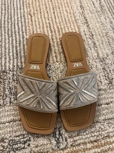 ZARA Woman Rhinestone Embroidered Slides – Size 39 (US 9) - Picture 1 of 5