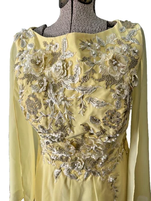 Винтажный потрясающий серебро + жемчуг бисером цветок вышивка чистый рукав платье M - Изображение 1 из 4