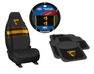 SET OF 3 HAWTHORN HAWKS AFL CAR SEAT COVERS + STEERING WHEEL COVER + FLOOR MATS - Picture 1 of 4