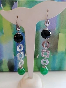 Orecchini Pendenti donna Argento 925 pietre naturali onice sfacc/giada verde - Foto 1 di 3