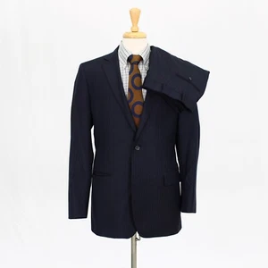 Brooks Brothers 41L 35x31 Navy Full Suit Striped 2B Wool - Picture 1 of 15