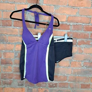 Nike Swim Damen 2-teilige Tankini-Krawatte schwarz lila weiß Neckholder-Jungenshorts 10/12 - Bild 1 von 4