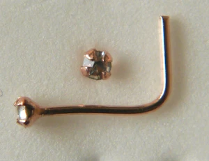 STERLING SILVER  C/Z NOSE STUD ROSE GOLD PLATED 1.5MM L SHAPE 38 - Picture 1 of 1