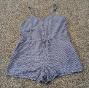 Old Navy Romper Womens XL Blue Check Sleeveless Shorts 100% Cotton