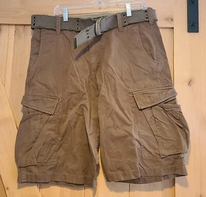 Kirra Point Break Cotton Zip Flat Cargo Shorts Men’s 33 Khaki Brown Belted - Picture 1 of 14