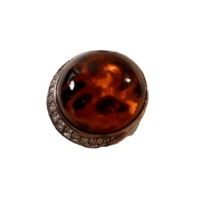 STATEMENT RING SILVER TONE FASHION AMBER BLACK STONE LEOPARD PRINT DOMED SIZE 9 - Picture 1 of 11