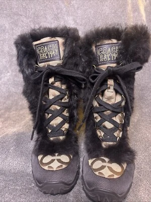 COACH Women's Jennie Signature Jacquard Khaki Rabbit Fur-Lace Up Boots Sz 6B Foto 1 de 4