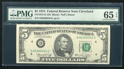 FR. 1973-D 1974 $5 FRN FEDERAL RESERVE NOTE CLEVELAND, OH PMG GEM UNC-65EPQ - Image 1 of 2
