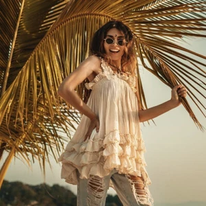 Emely Off Shoulder Smocked Wedding Festival Beach Summer Tunic Top Mini Dress - Picture 1 of 8