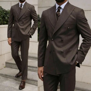 Men Double Breasted Suit Brown Groom Business Prom Dinner Tuxedos Wedding Suits - Picture 1 of 8