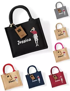 Personalised Your Name Jute Mini Gift Bag, Ladies Hand Carry Handle Shopping Bag - Picture 1 of 8