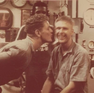 HANDSOME Military Men Navy Control Room Man About to Kiss Cheek Candid Funny - Picture 1 of 3