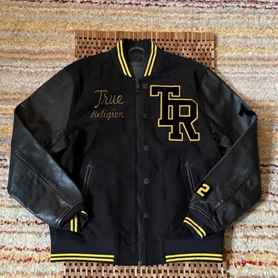 True Religion Skull Logo Leather Sleeve Wool Bomber Jacket Black Large L - Image 1 of 3