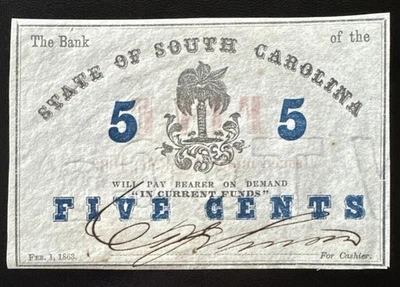 1863 State Of South Carolina 5 Cents Obsolete Banknote Currency Canceled - Image 1 of 4