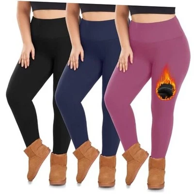  3件装大码抓绒衬里打底裤女式3X大号黑色/海军蓝/深粉色 — 第 1/4 张图片