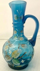 Moser Blue Glass Enameled Leaf Ewer / Pitcher. - Picture 1 of 4