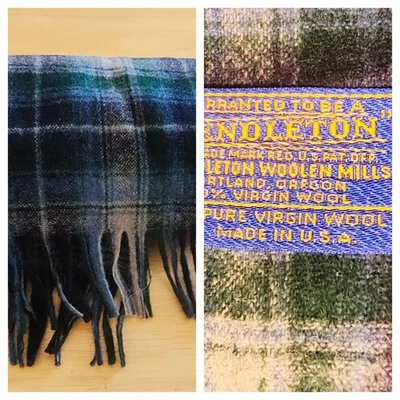 Cachecol vintage verde tartan xadrez 100% lã virgem franjas 50 x 6 EUA - Imagem 1 de 4