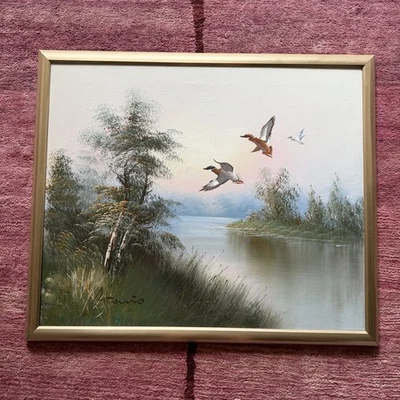 "Antonio 1953 original óleo sobre lienzo patos sobre pantano pintura de paisaje 22"" x 26""" Foto 1 de 4