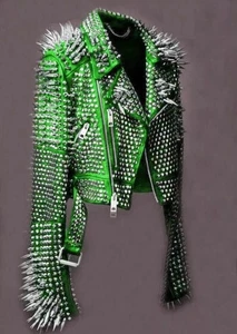 Hombres/Mujeres Verde Punk Larga Plateada con Picos Tachonados Brando Chaqueta de Cuero/Moda - Imagen 1 de 4