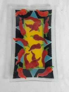 Fused Glass Chili  Pepper Serving Dish Rectangle Peggy Karr - Picture 1 of 8