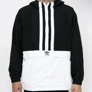 Adidas Mens Pullover Windbreaker M Nylon Black White Half Zip vented rain hooded - Picture 1 of 6