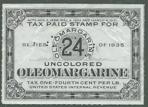 1935 Uncolored Oleomargarine Tax Paid Stamp-24 INTERNAL REVENUE 24 USED PERFIN - Picture 1 of 2