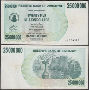 100 x Cheque portador de 25 millones de dólares de Zimbabue, 2008, P-56, certificado de autenticidad usado. - Imagen 1 de 2