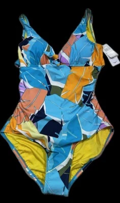 Traje de baño Jantzen para mujer plumas audaces de una pieza azul multicolor talla 12 nuevo con etiquetas $118 Foto 1 de 4