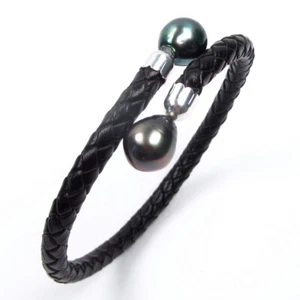 7.5" 9-10mm Tahitian Black Pearl 5mm Leather Flex Bangle Bracelet - Picture 1 of 8