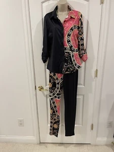 Hof Black L Pink Long Sleeve Top Set 2Pc Pants Large Medusa Print Palazzo Lounge - Picture 1 of 17