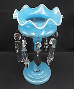 Antique French Blue Opaline Glass Lustre - Hand Gilded - 8 Crystal Droppers - Picture 1 of 6