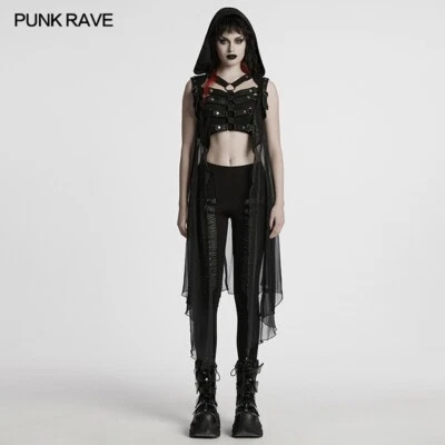 Панк рейв женщин черный готический панк полый скелет с капюшоном длинный жилет тонкий плащ - Изображение 1 из 4