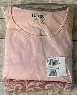 Hanes Comfort Sleep French Terry/Fleece Pajama Set Pink/Paisley Size 2X Women - Image 1 of 4